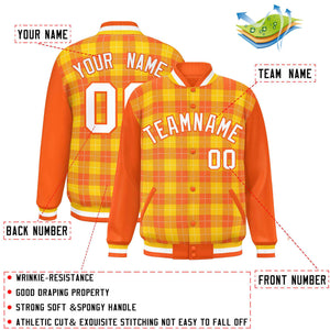 Custom Gold Orange-White Varsity Full-Snap Plaid Pattern Letterman Baseball Jacket