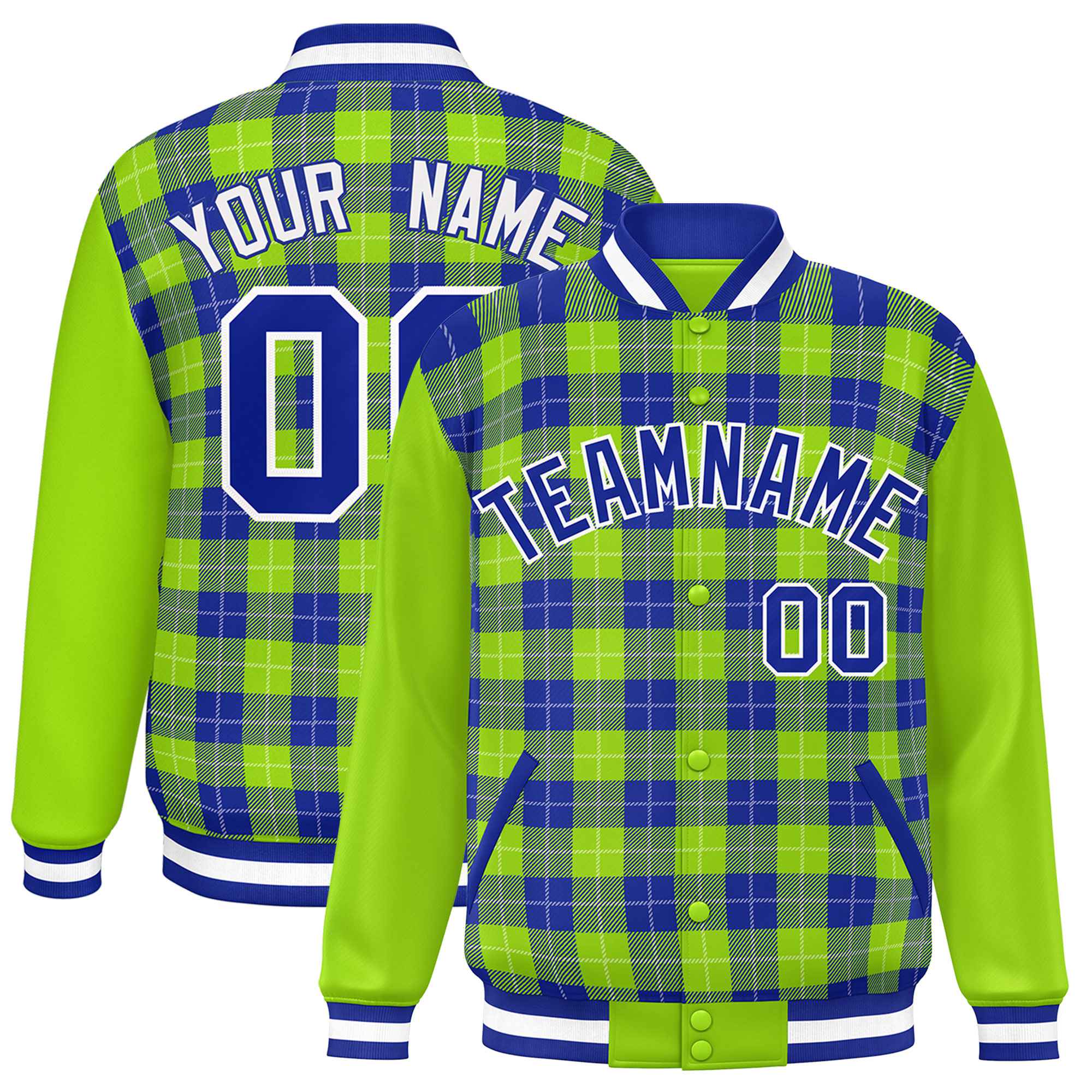 Custom Royal Neon Green-White Varsity Full-Snap Plaid Pattern Letterman Baseball Jacket