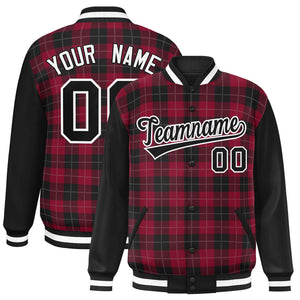 Custom Crimson Black-Gray Varsity Full-Snap Plaid Pattern Letterman Baseball Jacket