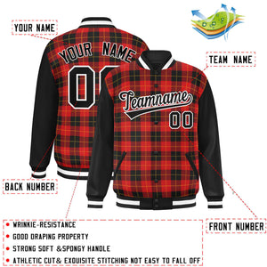 Custom Red Black-Gold Varsity Full-Snap Plaid Pattern Letterman Baseball Jacket