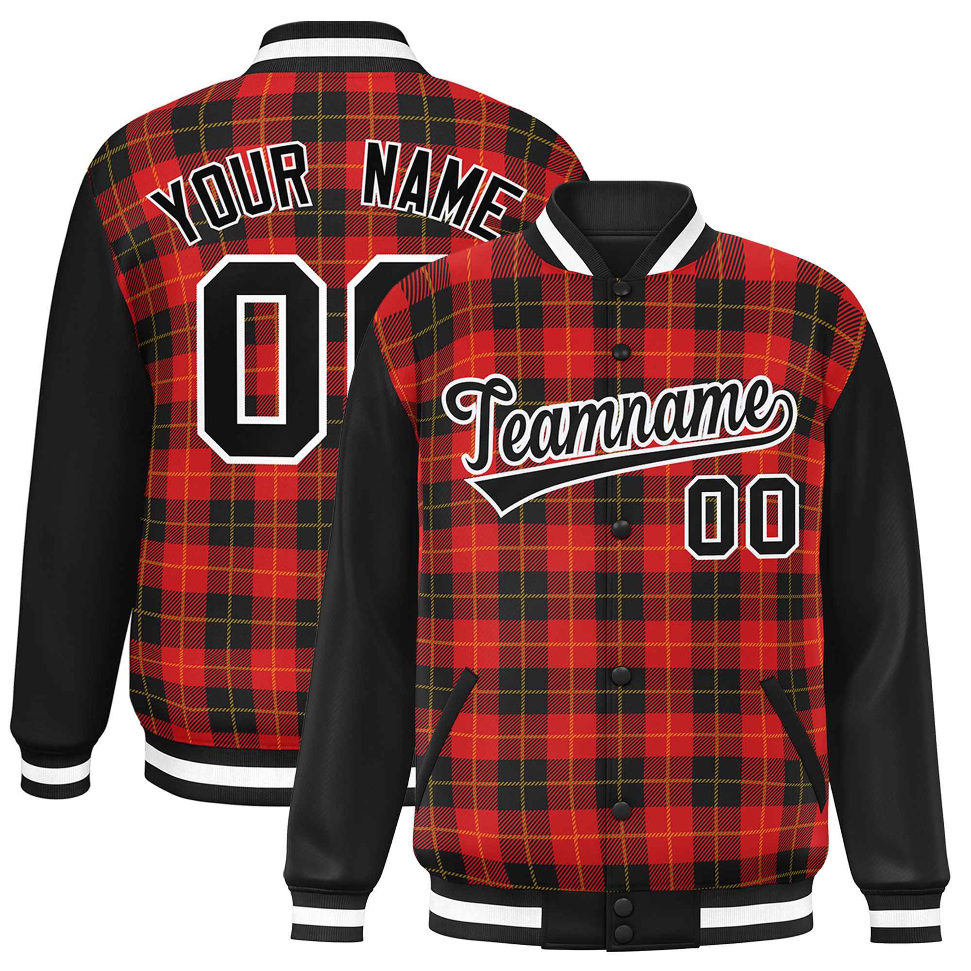 Custom Red Black-Gold Varsity Full-Snap Plaid Pattern Letterman Baseball Jacket