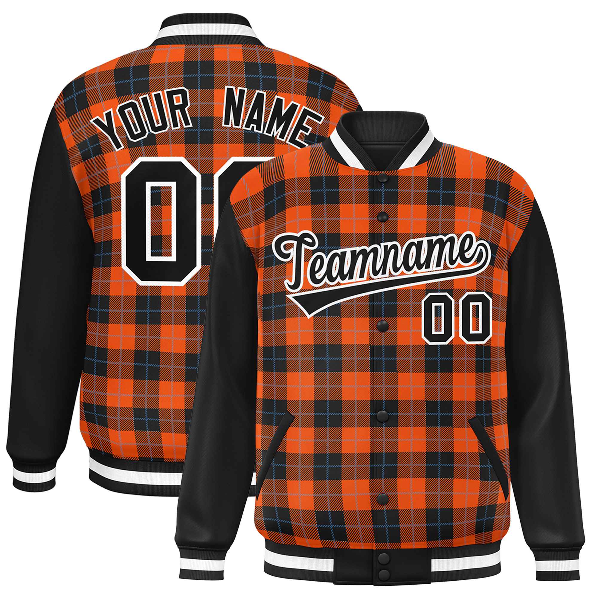 Custom Orange Black-Powder Blue Varsity Full-Snap Plaid Pattern Letterman Baseball Jacket