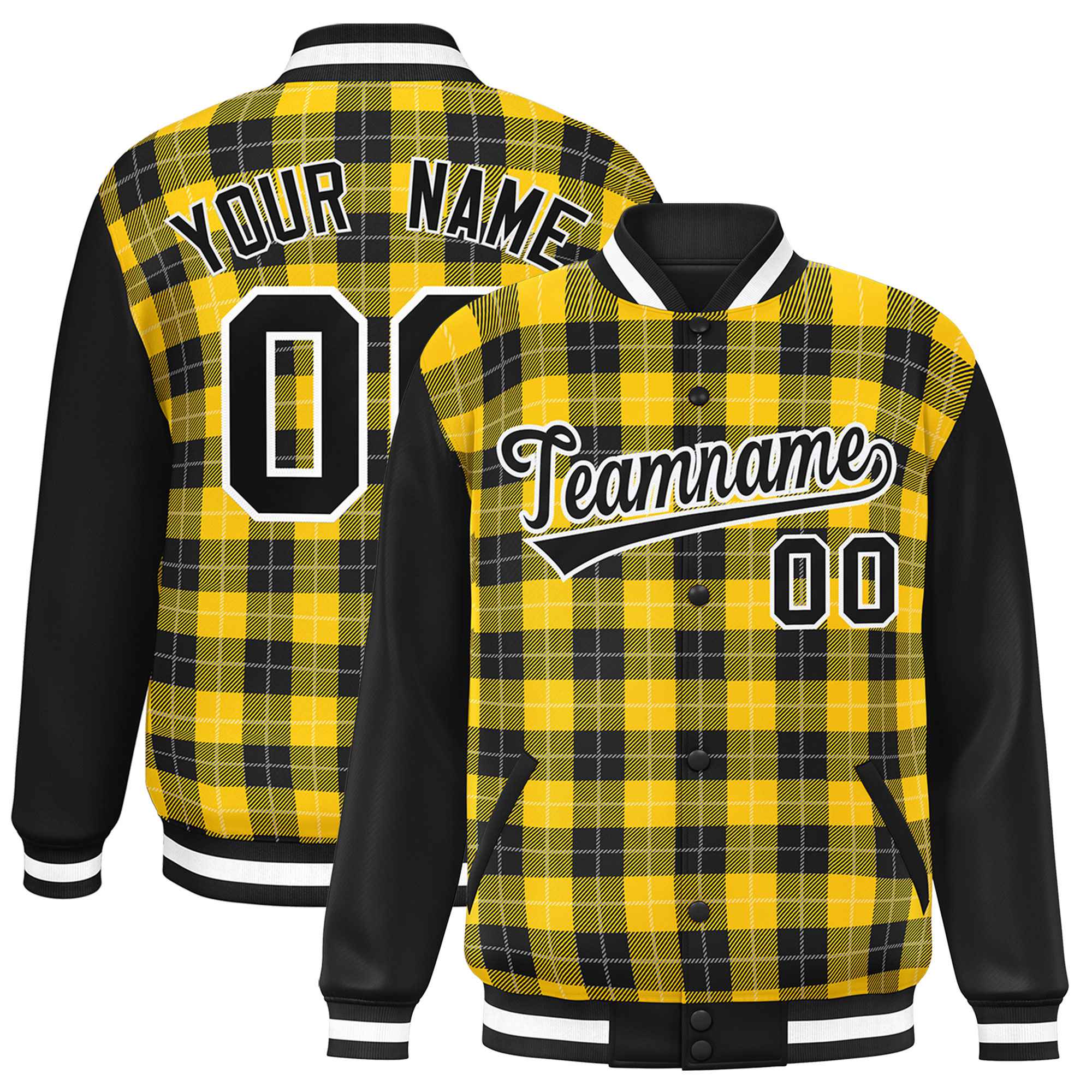 Custom Gold Black-White Varsity Full-Snap Plaid Pattern Letterman Baseball Jacket