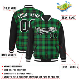 Custom Green Black-Neon Green Varsity Full-Snap Plaid Pattern Letterman Baseball Jacket