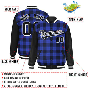 Custom Royal Navy-Black Varsity Full-Snap Plaid Pattern Letterman Baseball Jacket