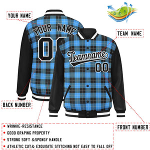 Custom Powder Blue Black-White Varsity Full-Snap Plaid Pattern Letterman Baseball Jacket