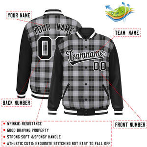 Custom Gray Black-White Varsity Full-Snap Plaid Pattern Letterman Baseball Jacket