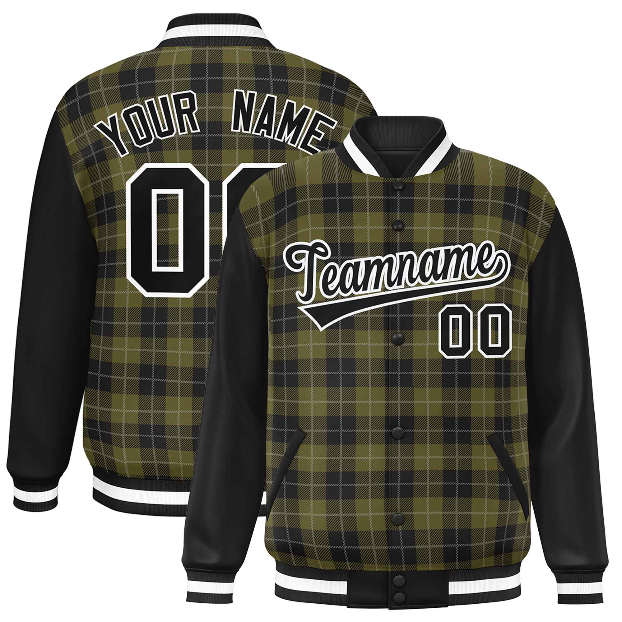 Custom Olive Black-Gray Varsity Full-Snap Plaid Pattern Letterman Baseball Jacket