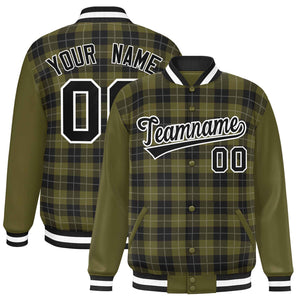 Custom Olive Black-Gray Varsity Full-Snap Plaid Pattern Letterman Baseball Jacket