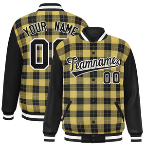 Custom Khaki Black-Gray Varsity Full-Snap Plaid Pattern Letterman Baseball Jacket