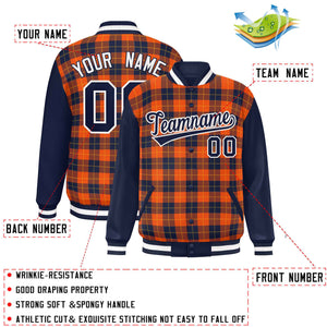 Custom Orange Navy-Gold Varsity Full-Snap Plaid Pattern Letterman Baseball Jacket