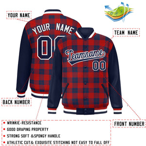 Custom Red Navy-Red Varsity Full-Snap Plaid Pattern Letterman Baseball Jacket