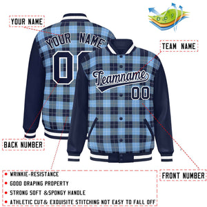 Custom Powder Blue Navy-White Varsity Full-Snap Plaid Pattern Letterman Baseball Jacket