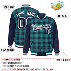 Custom Aqua Navy-Gray Varsity Full-Snap Plaid Pattern Letterman Baseball Jacket