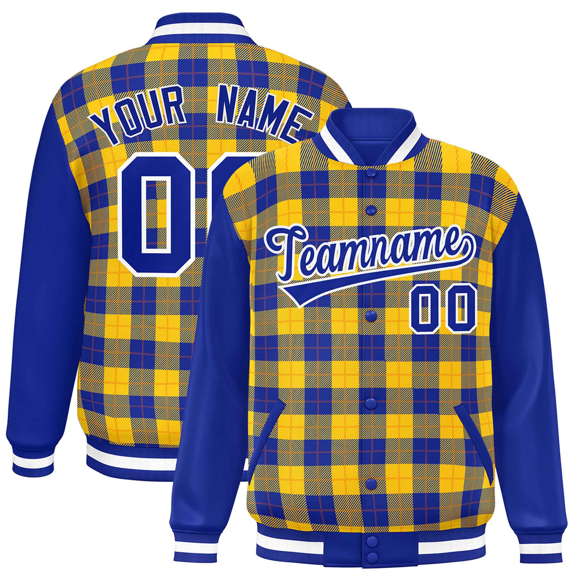 Custom Yellow Royal-Orange Varsity Full-Snap Plaid Pattern Letterman Baseball Jacket