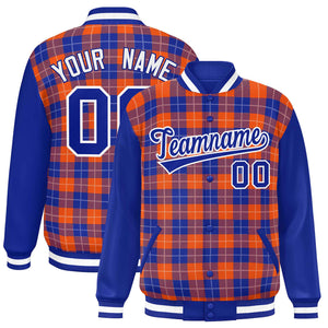 Custom Orange Royal-White Varsity Full-Snap Plaid Pattern Letterman Baseball Jacket