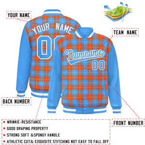 Custom Orange Powder Blue-White Varsity Full-Snap Plaid Pattern Letterman Baseball Jacket