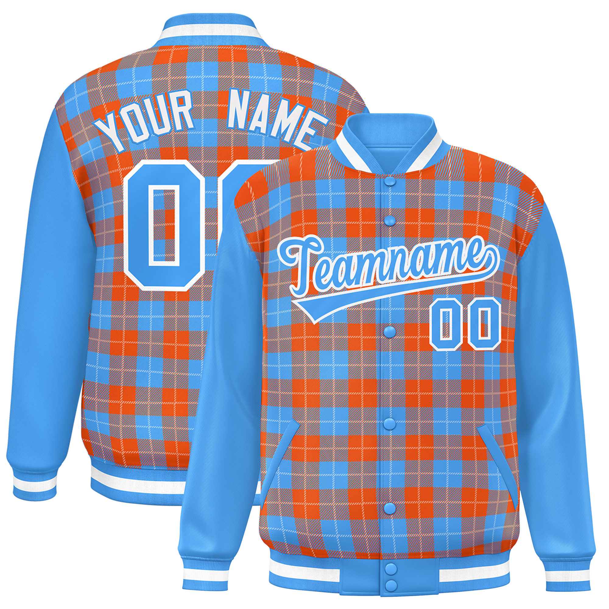 Custom Orange Powder Blue-White Varsity Full-Snap Plaid Pattern Letterman Baseball Jacket