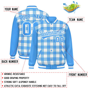 Custom White Powder Blue-Gray Varsity Full-Snap Plaid Pattern Letterman Baseball Jacket