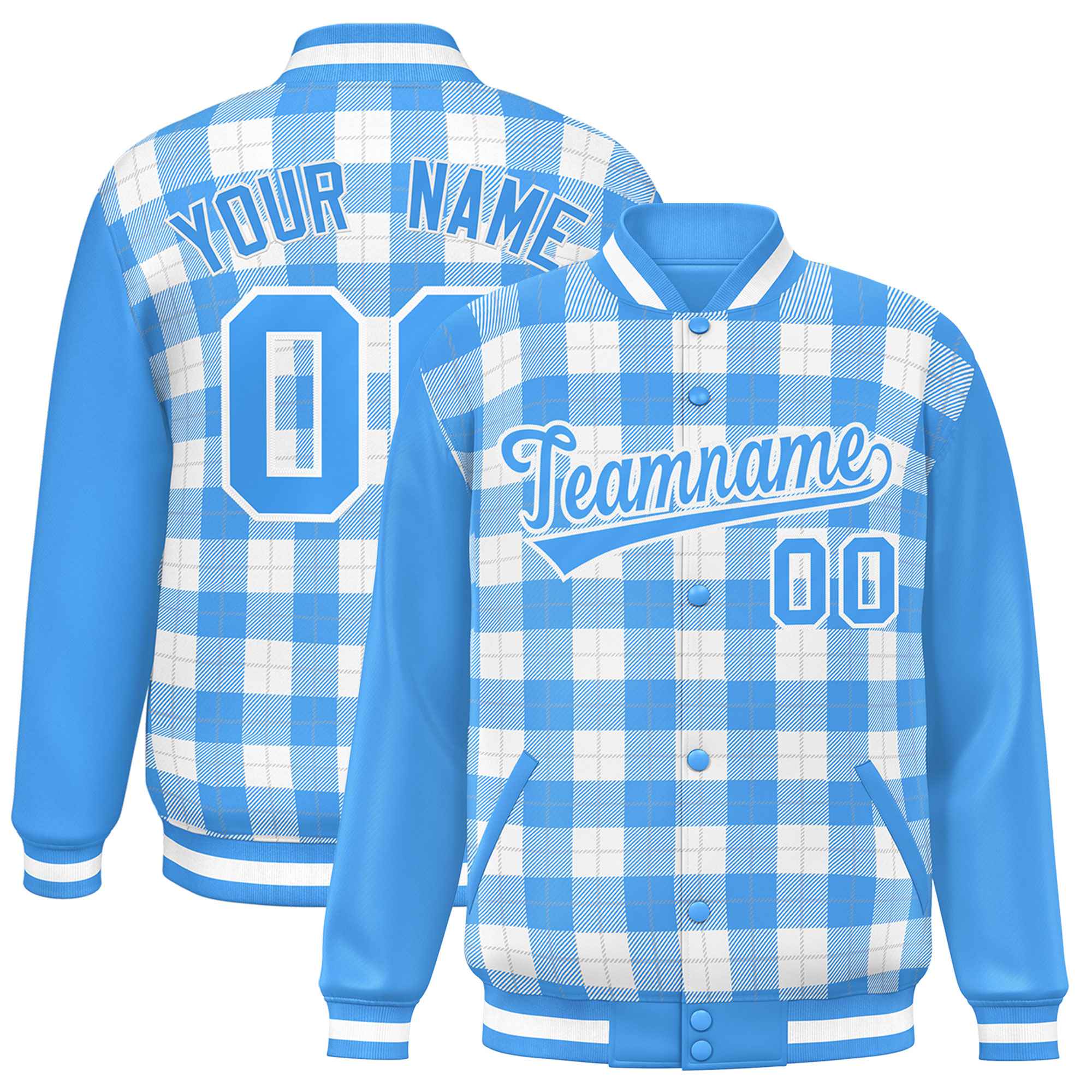 Custom White Powder Blue-Gray Varsity Full-Snap Plaid Pattern Letterman Baseball Jacket