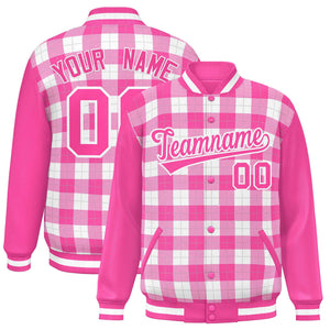 Custom White Pink-Gray Varsity Full-Snap Plaid Pattern Letterman Baseball Jacket