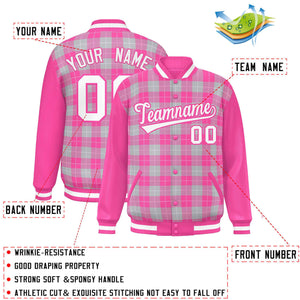 Custom Gray Pink-White Varsity Full-Snap Plaid Pattern Letterman Baseball Jacket