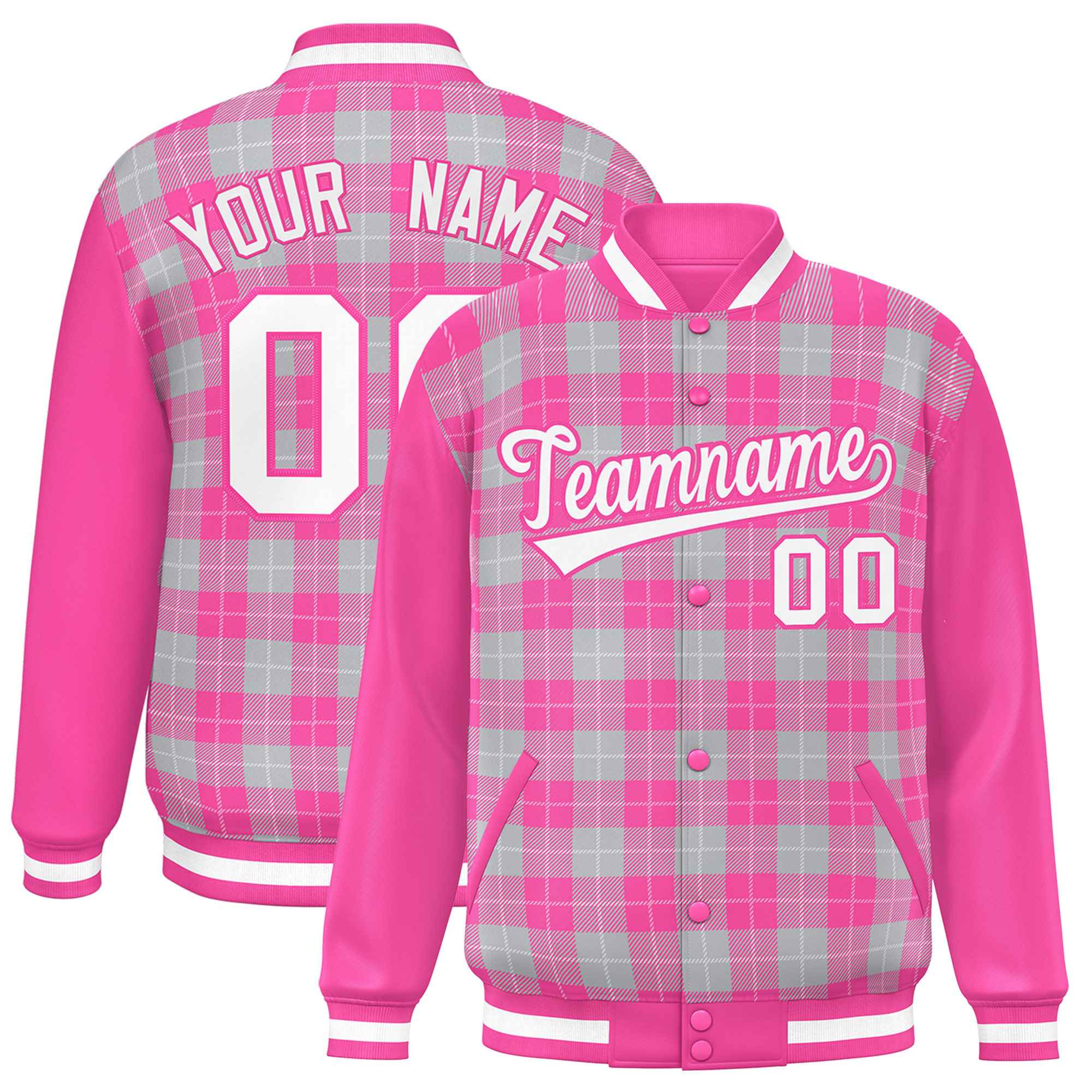 Custom Gray Pink-White Varsity Full-Snap Plaid Pattern Letterman Baseball Jacket