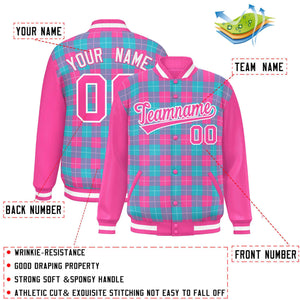 Custom Sky Blue Pink-White Varsity Full-Snap Plaid Pattern Letterman Baseball Jacket