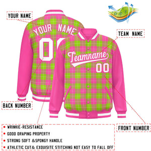 Custom Neon Green Pink-White Varsity Full-Snap Plaid Pattern Letterman Baseball Jacket