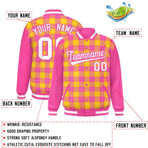 Custom Gold Pink-White Varsity Full-Snap Plaid Pattern Letterman Baseball Jacket