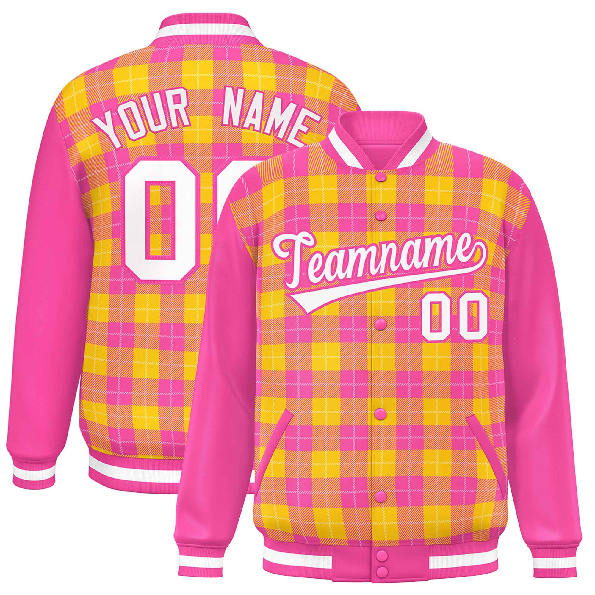 Custom Gold Pink-White Varsity Full-Snap Plaid Pattern Letterman Baseball Jacket