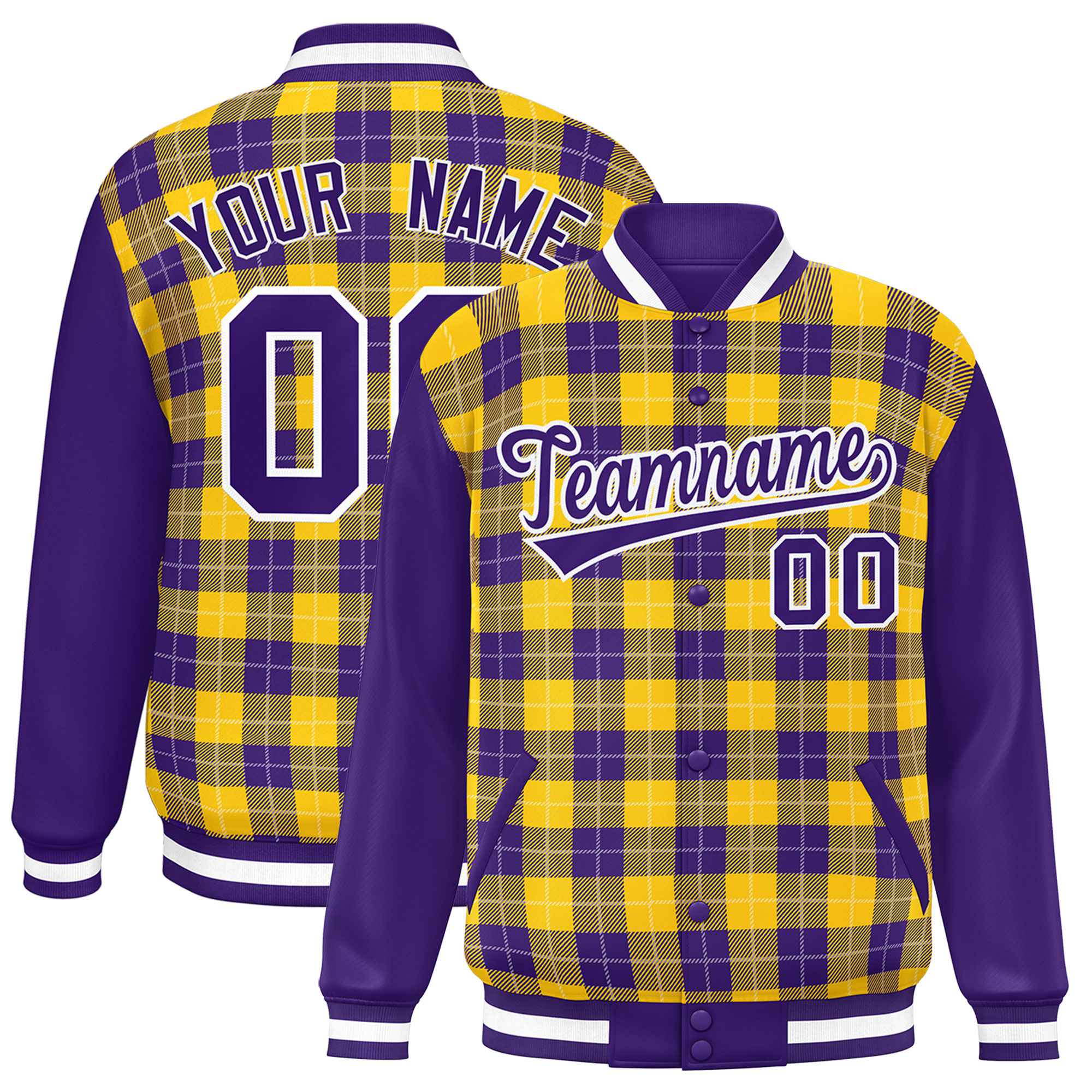 Custom Gold Purple-White Varsity Full-Snap Plaid Pattern Letterman Baseball Jacket