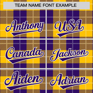 Custom Gold Purple-White Varsity Full-Snap Plaid Pattern Letterman Baseball Jacket