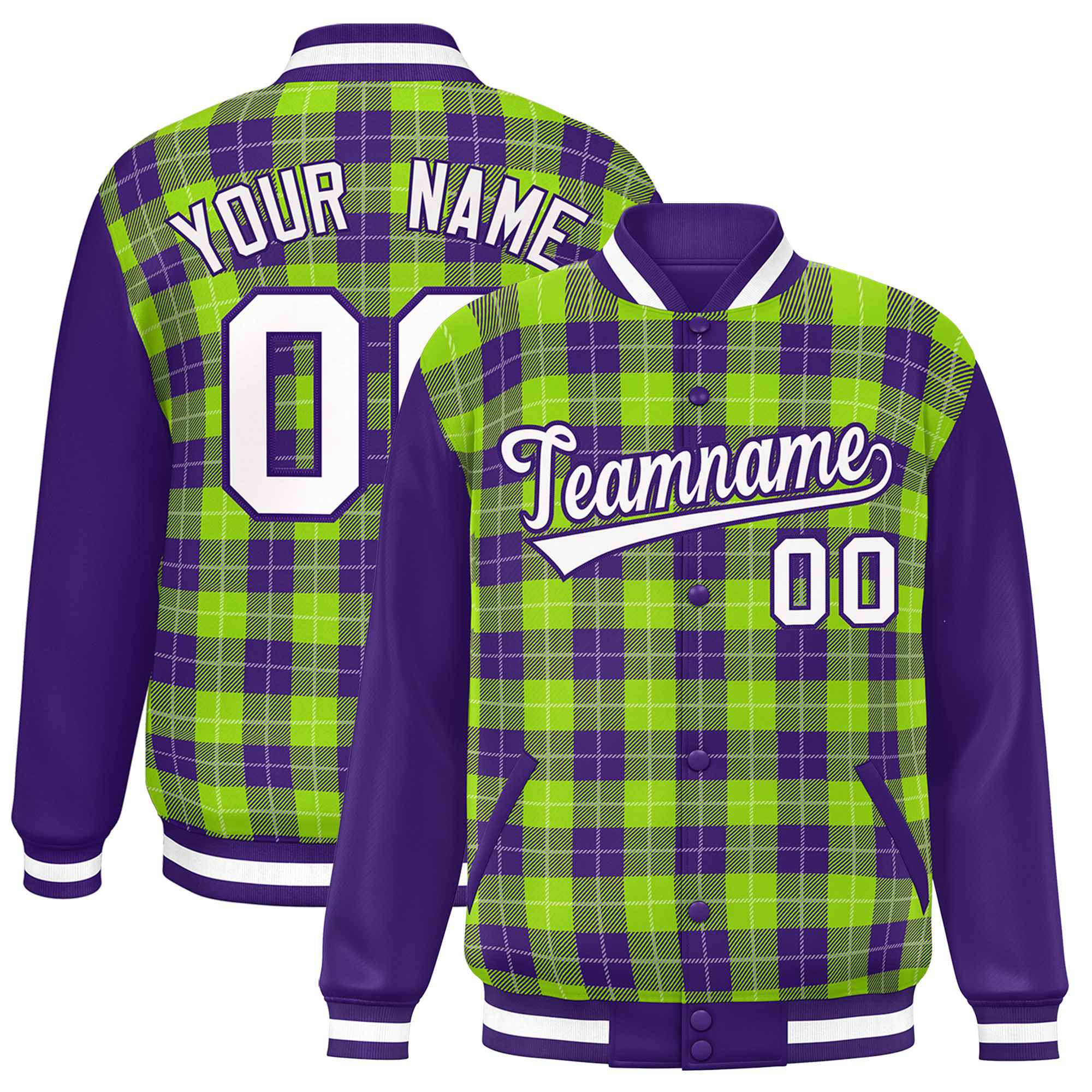 Custom Neon Green Purple-White Varsity Full-Snap Plaid Pattern Letterman Baseball Jacket