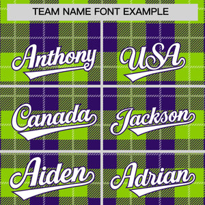 Custom Neon Green Purple-White Varsity Full-Snap Plaid Pattern Letterman Baseball Jacket