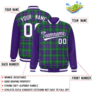 Custom Kelly Green Purple-White Varsity Full-Snap Plaid Pattern Letterman Baseball Jacket