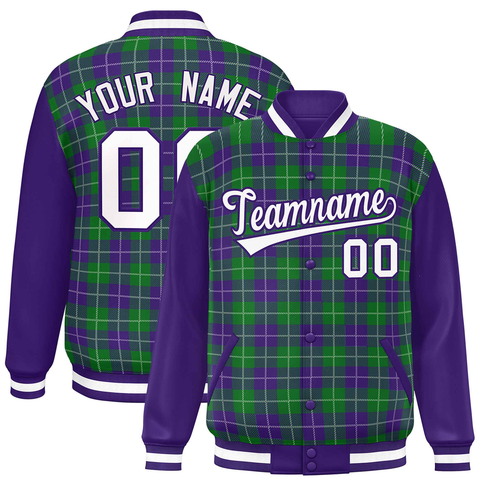 Custom Kelly Green Purple-White Varsity Full-Snap Plaid Pattern Letterman Baseball Jacket