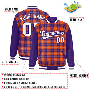 Custom Orange Purple-White Varsity Full-Snap Plaid Pattern Letterman Baseball Jacket