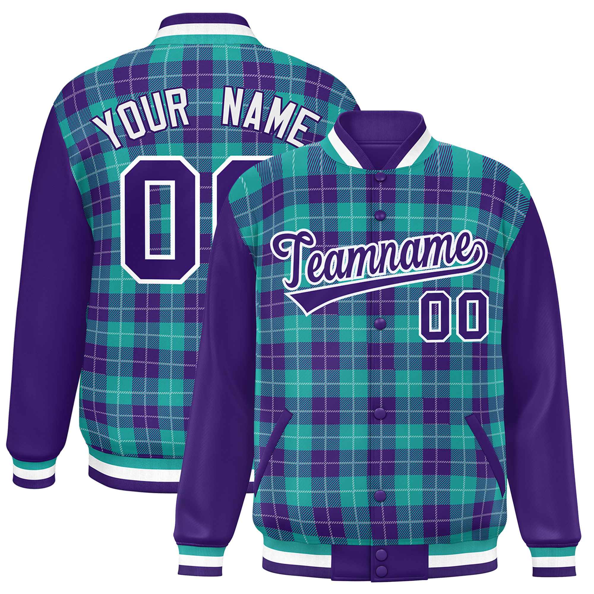 Custom Aqua Purple-White Varsity Full-Snap Plaid Pattern Letterman Baseball Jacket