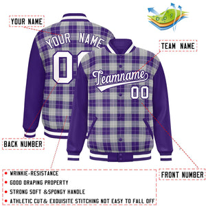 Custom Gray Purple-White Varsity Full-Snap Plaid Pattern Letterman Baseball Jacket