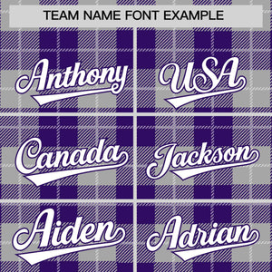 Custom Gray Purple-White Varsity Full-Snap Plaid Pattern Letterman Baseball Jacket