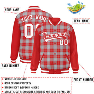 Custom Gray Red-White Varsity Full-Snap Plaid Pattern Letterman Baseball Jacket