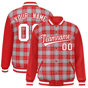 Custom Gray Red-White Varsity Full-Snap Plaid Pattern Letterman Baseball Jacket