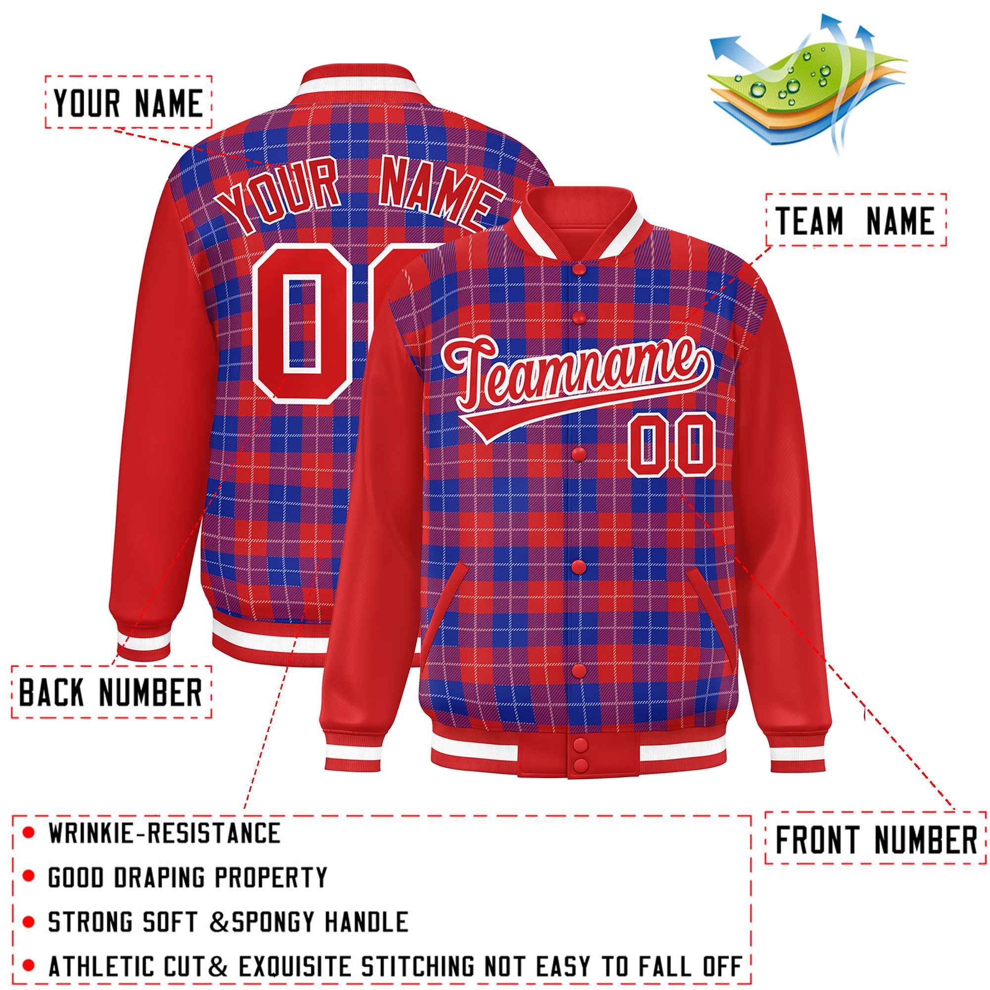 Custom Royal Red-White Varsity Full-Snap Plaid Pattern Letterman Baseball Jacket