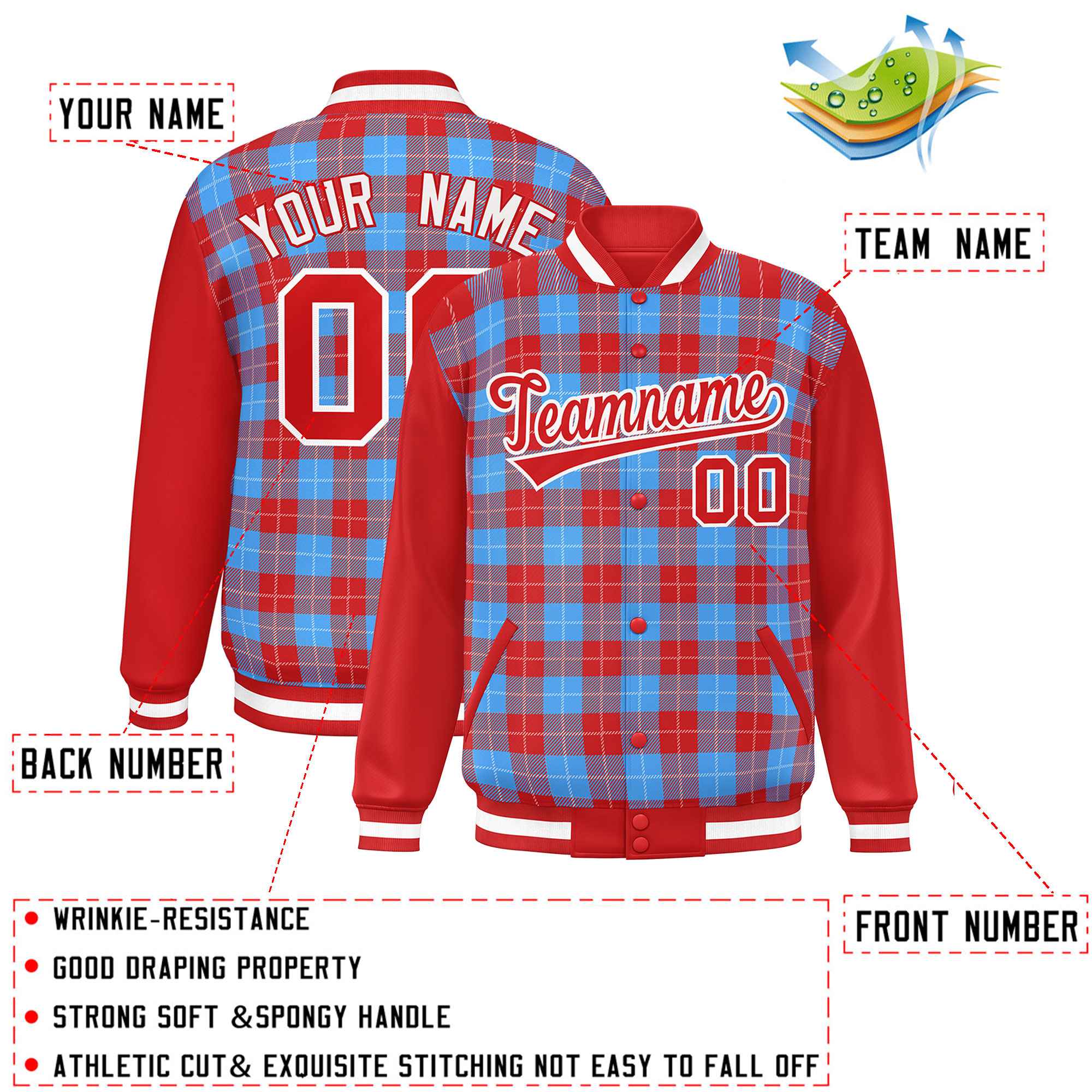 Custom Powder Blue Red-White Varsity Full-Snap Plaid Pattern Letterman Baseball Jacket