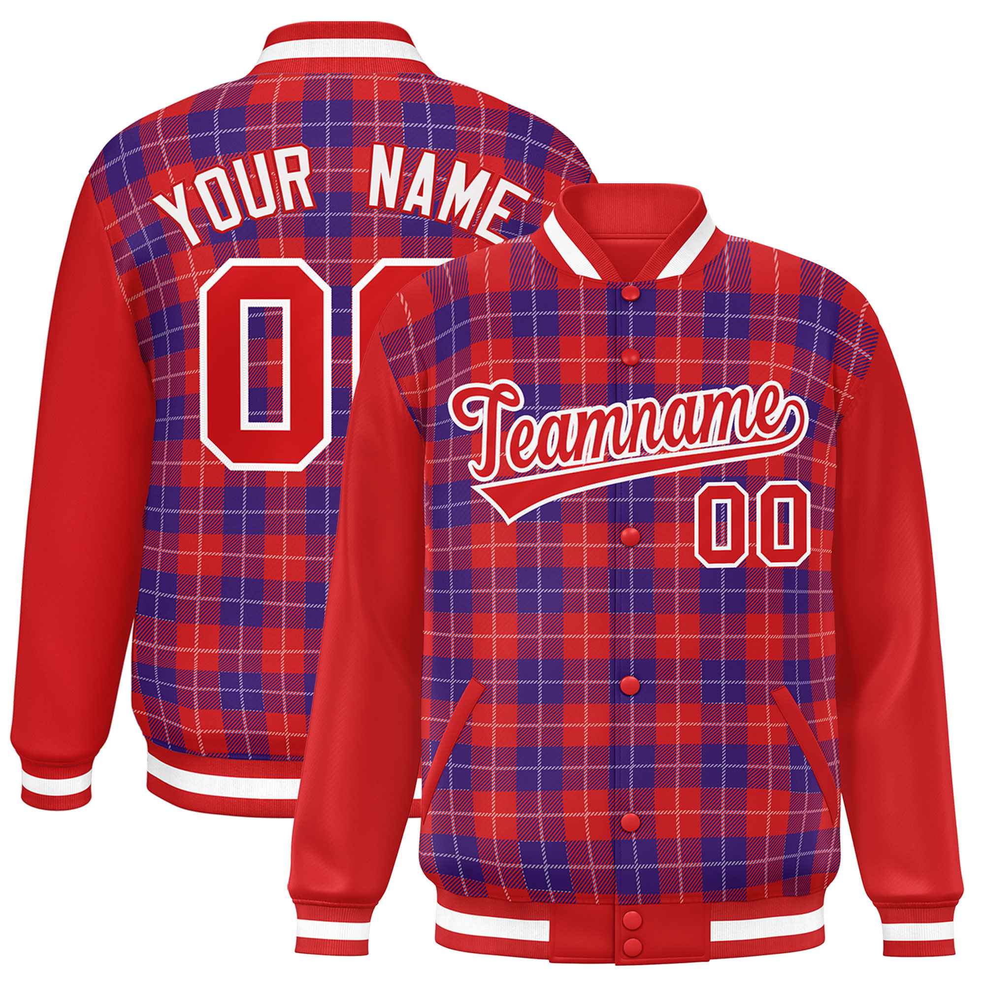 Custom Purple Red-White Varsity Full-Snap Plaid Pattern Letterman Baseball Jacket