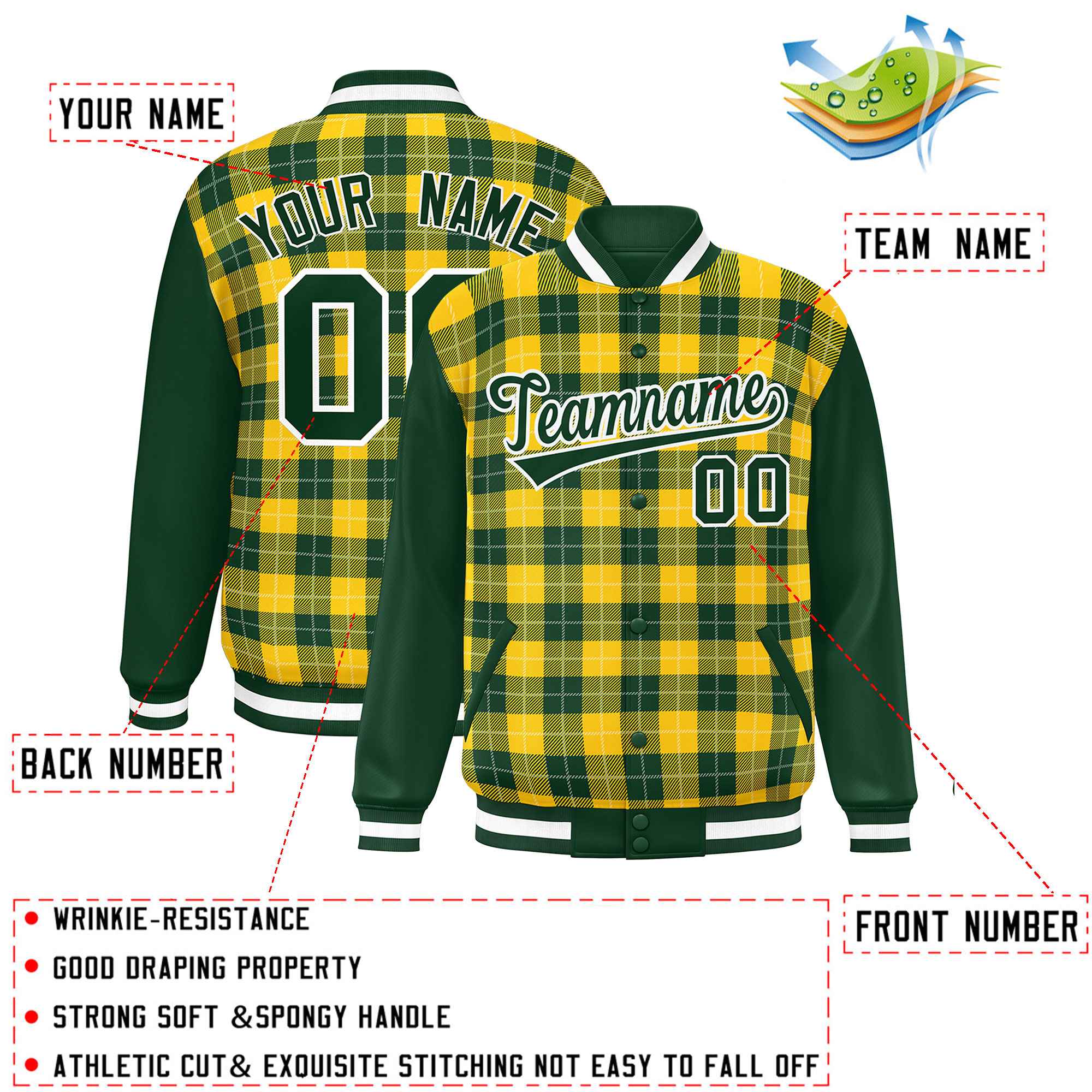 Custom Gold Green-White Varsity Full-Snap Plaid Pattern Letterman Baseball Jacket