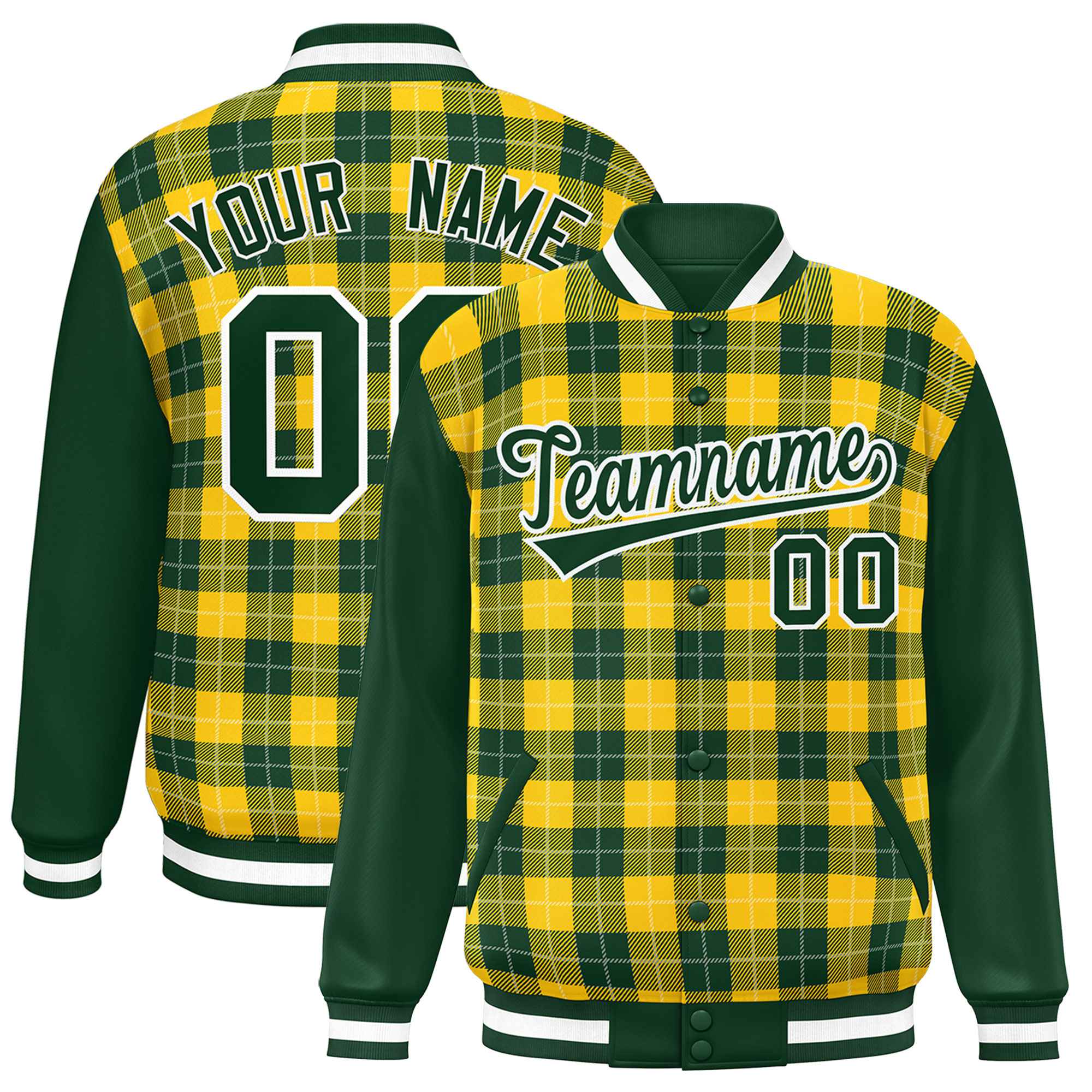 Custom Gold Green-White Varsity Full-Snap Plaid Pattern Letterman Baseball Jacket