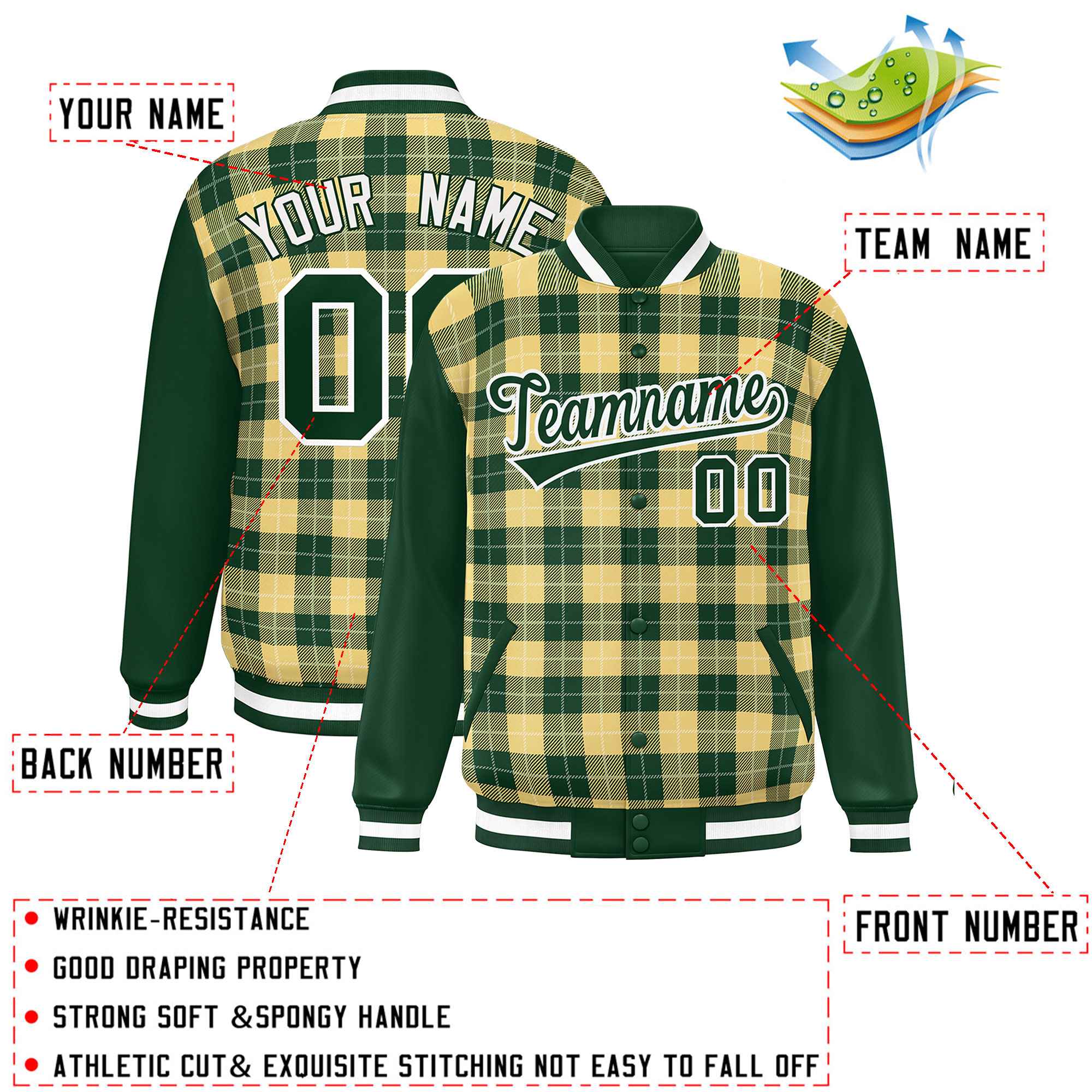 Custom Khaki Green-White Varsity Full-Snap Plaid Pattern Letterman Baseball Jacket