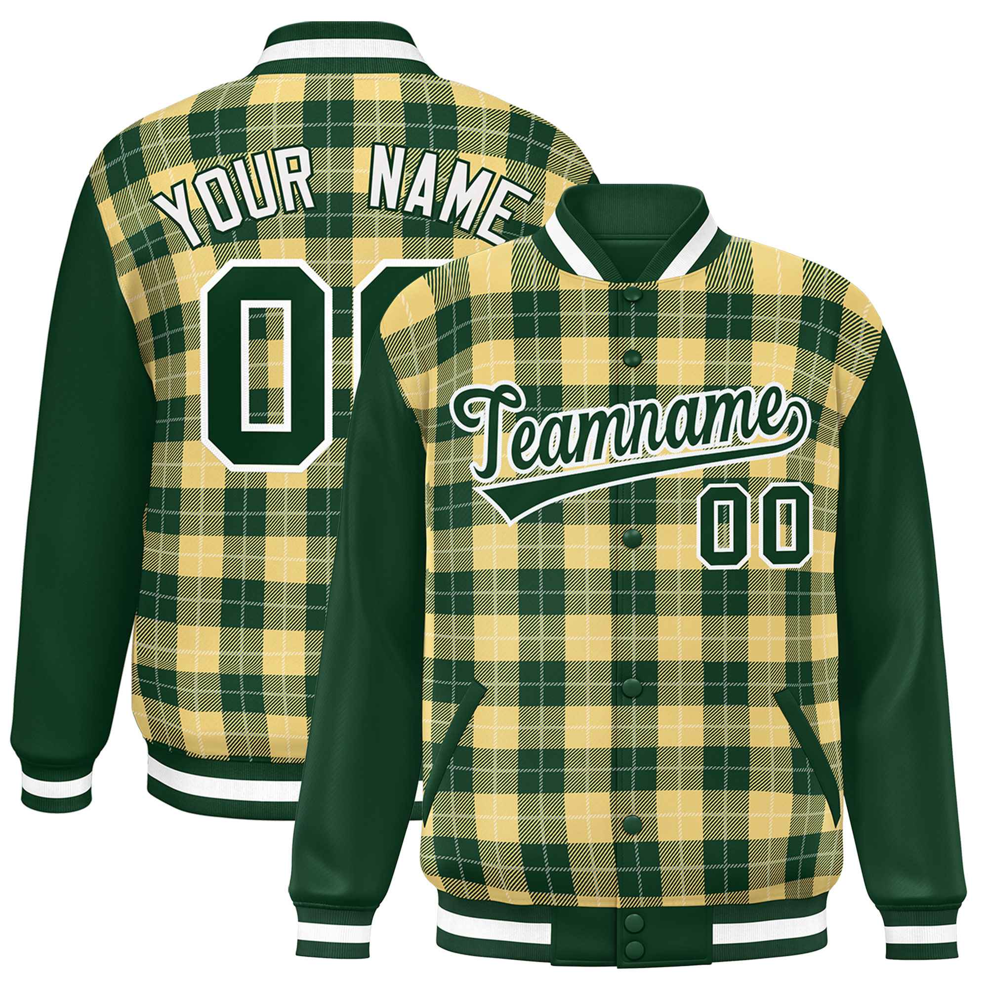 Custom Khaki Green-White Varsity Full-Snap Plaid Pattern Letterman Baseball Jacket